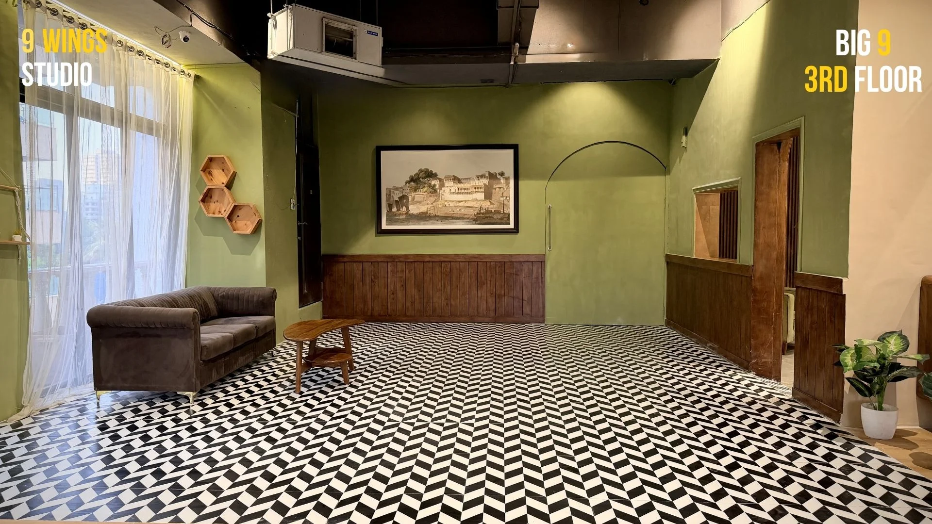 Spacious green studio set with patterned flooring for large-scale ad film and TVC shoots in Mumbai