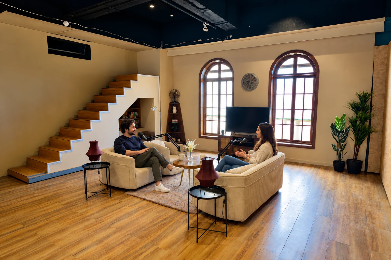 Wide view of the podcast nook at Big 9, 4th Floor with two people in headphones recording a conversation