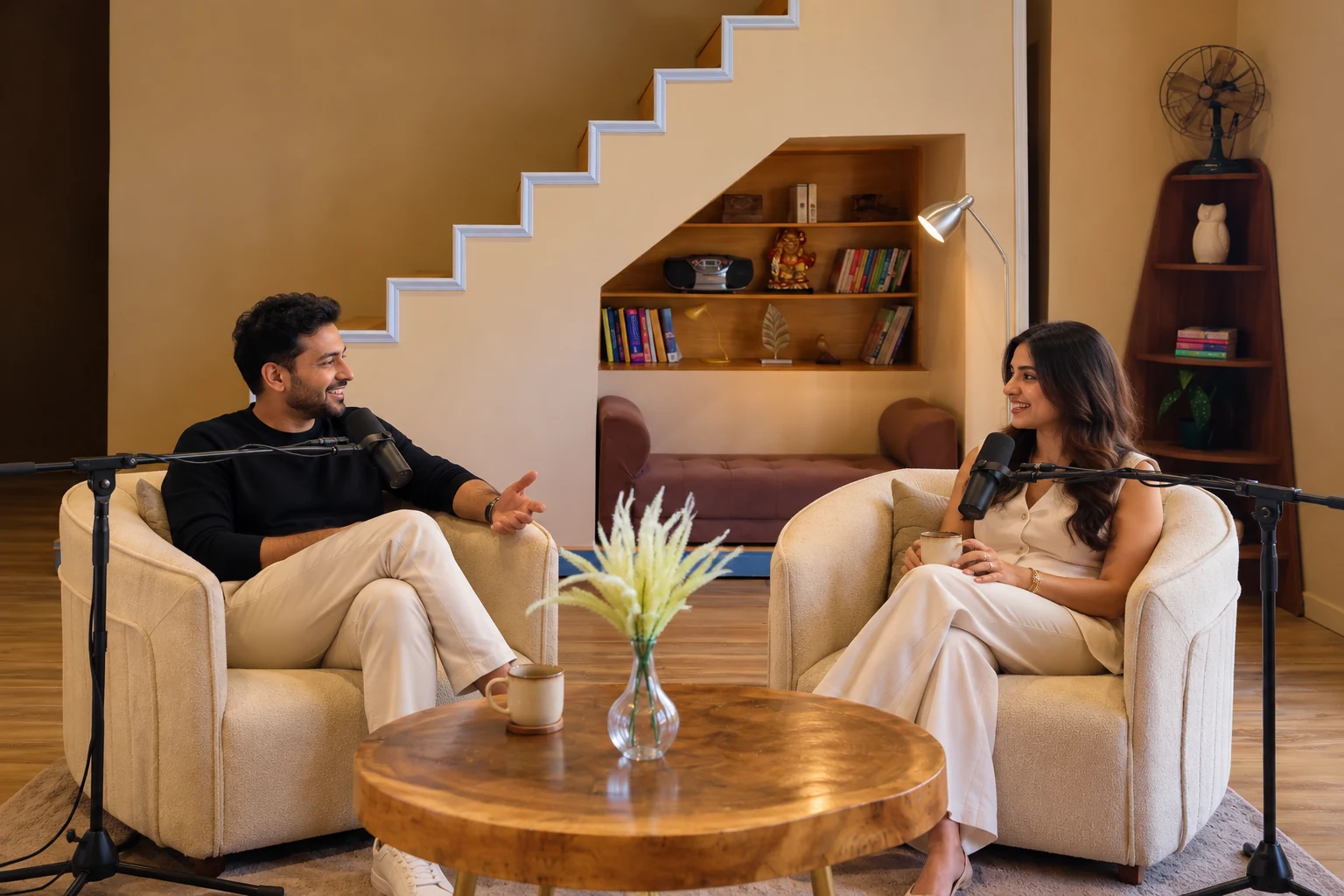 Two people recording a video podcast in cream armchairs at a podcast studio in Andheri West, Mumbai